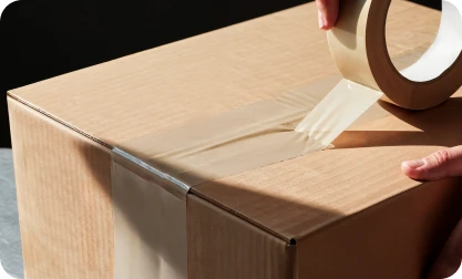 Caixa mailer e-commerce de papelão sendo lacrada com fita